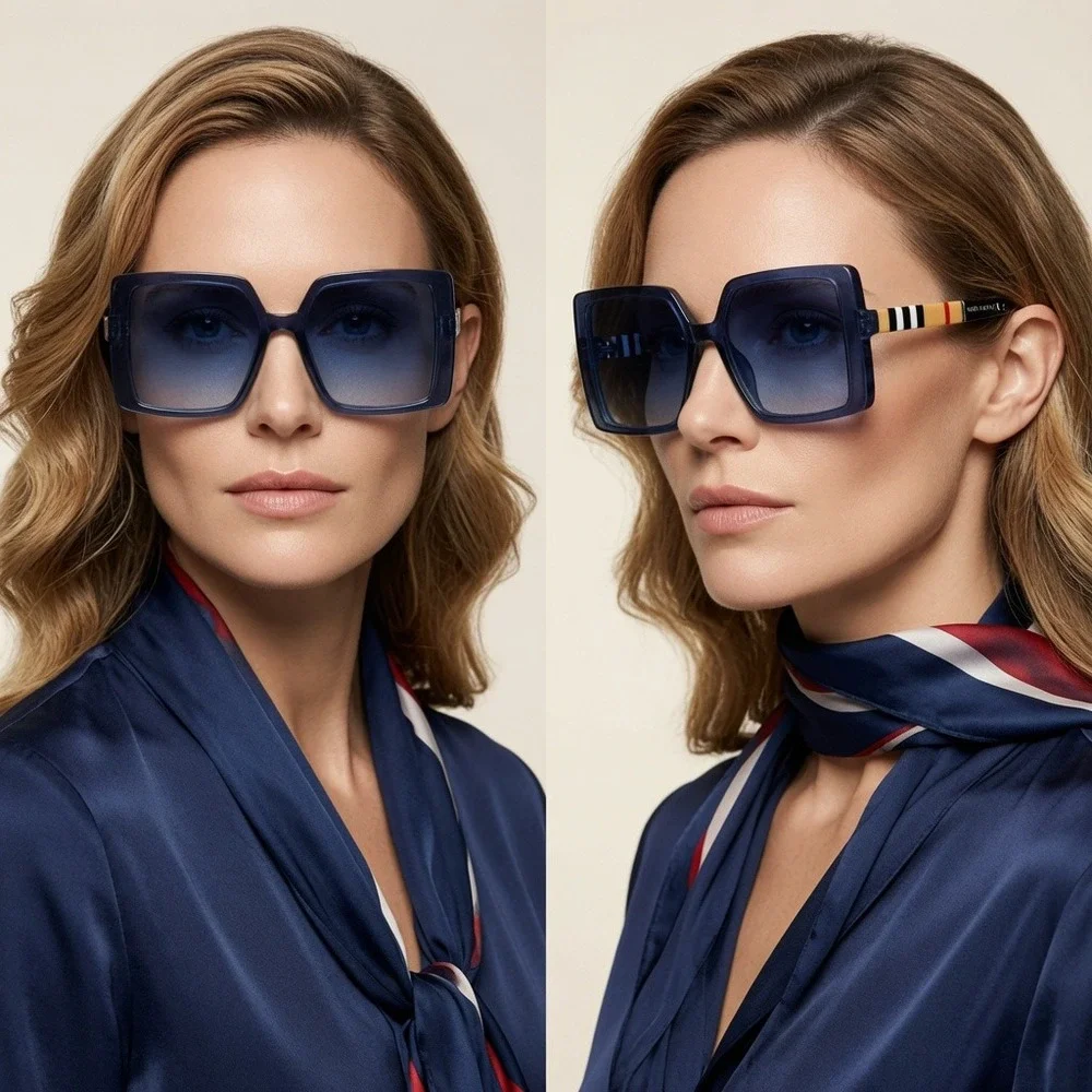 Women Oversized Square Sunglasses Navy Blue Lens Striped Temples Retro Chic 2026